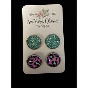 Southern Charm Earring Set - Aqua Druzy - Purple Leopard Print